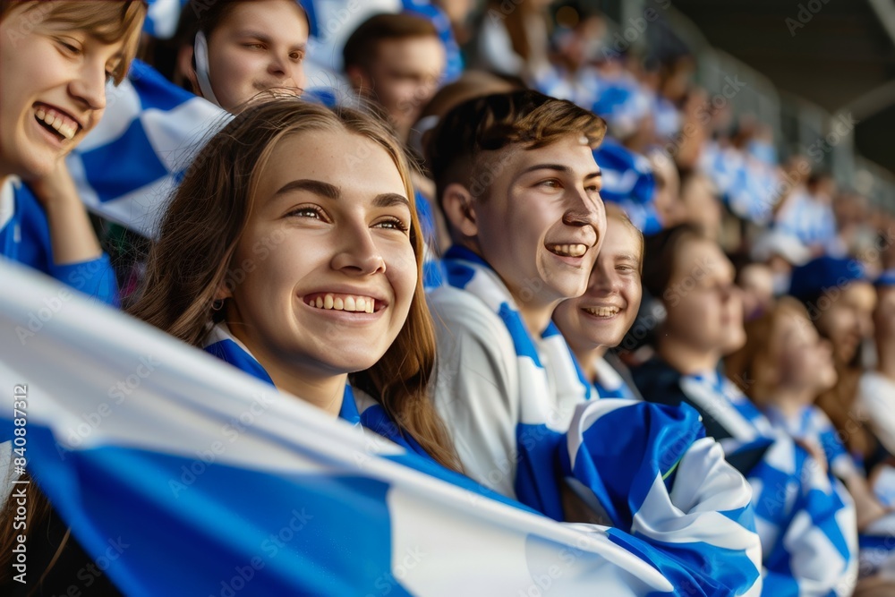 Group of joyful fans in blue and white holding a flag and cheering at a sports event, showing team spirit and excitement