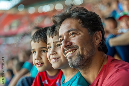 Father with his sons enjoying a sports event  showing family bonding time at a stadium with spectators