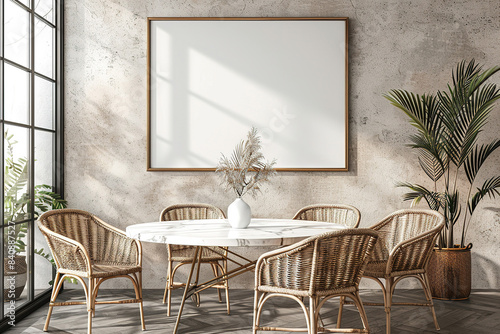 Contemporary dining room interior design mockup with white marble table, rattan chairs, and lush plants in spacious, sunlit industrial-style loft with large windows and blank white framed picture