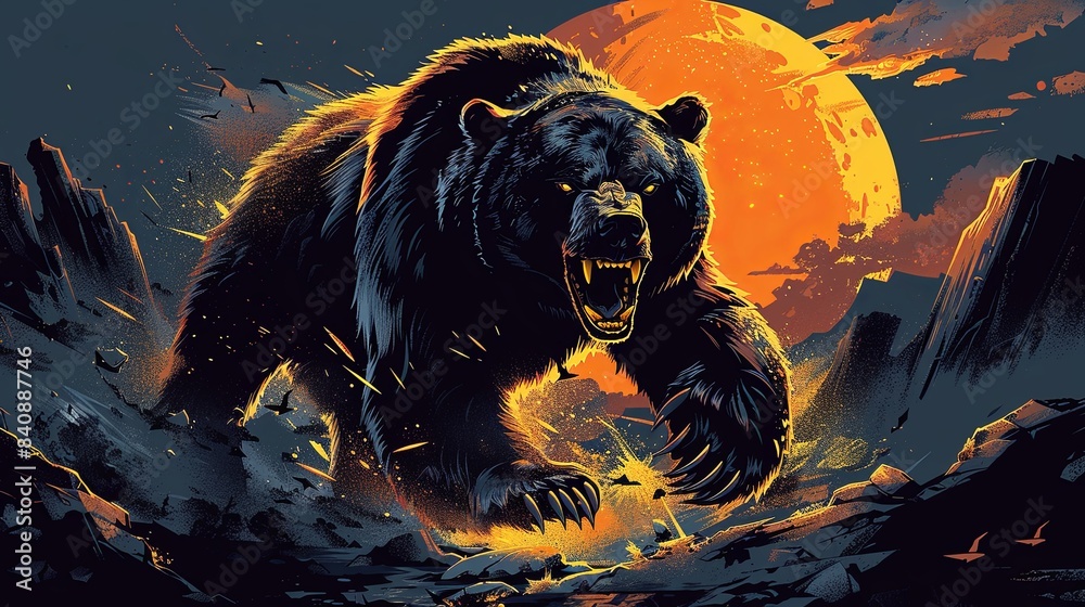A bear is shown in a fiery explosion, with its mouth open and teeth ...