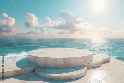 Summer sand  hot sun and tropical sea background with abstract stone podium. Generative AI