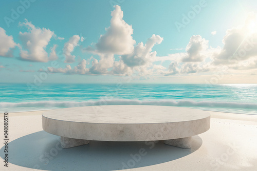 Summer sand, hot sun and tropical sea background with abstract stone podium. Generative AI © Anthony Paz