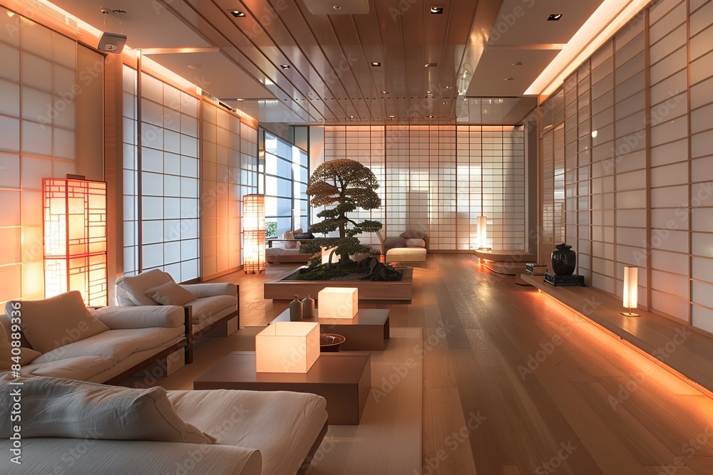 Naklejka premium This image showcases a serene and minimalist Asian-influenced living room, featuring clean lines and neutral tones, creating a tranquil and elegant space that radiates simplicity and harmony.