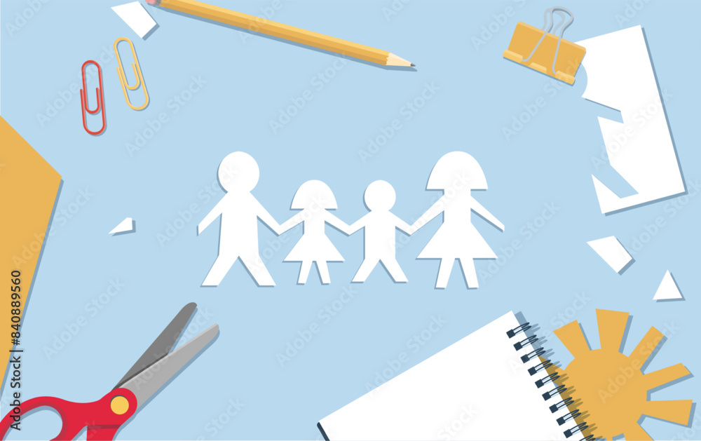 paper family 2 kid cutting sissors flat style blue background paper family 2 kid cutting sissors flat style blue background