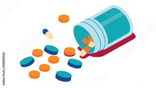 colorful illustration of pills spilling from an open bottle.
