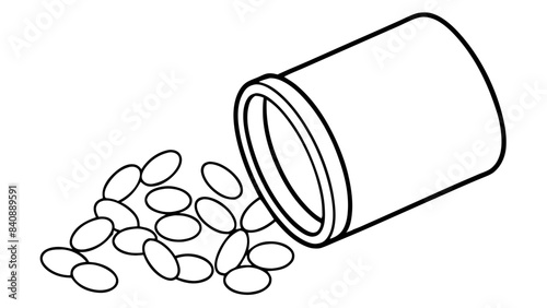 black and white outline of a pill bottle with spilled pills.
