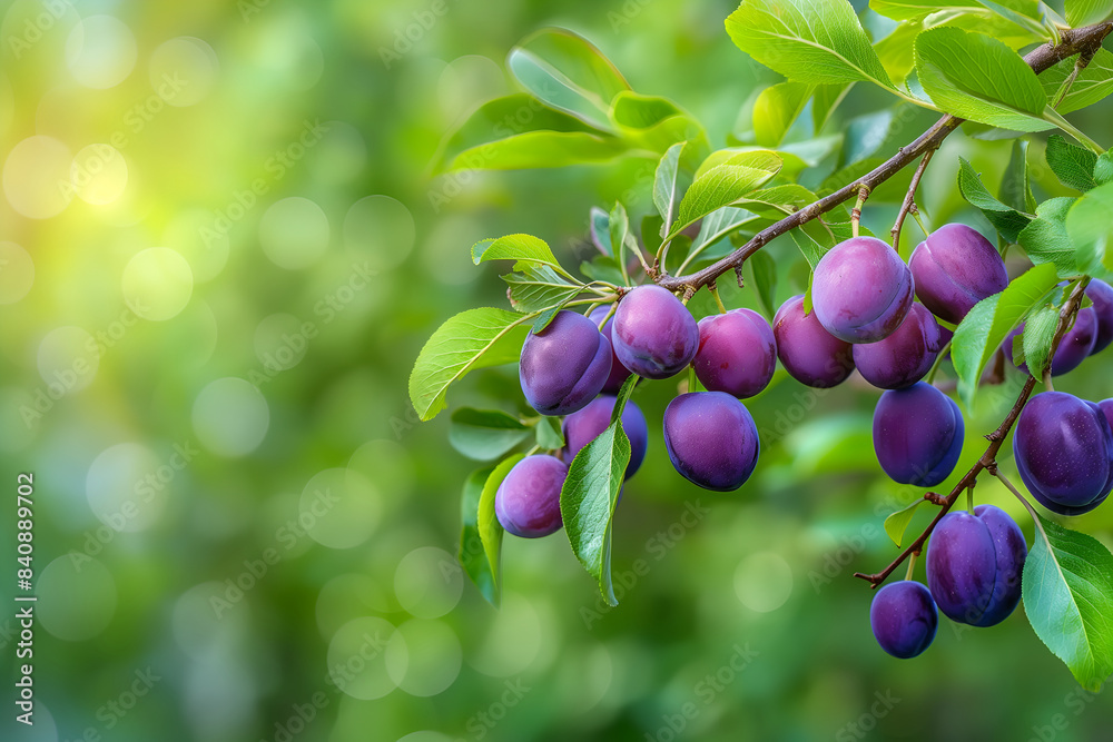 Sunlit Branch of Ripe Purple Plums with Bokeh Background Sunlit Branch of Ripe Purple Plums with Bokeh Background