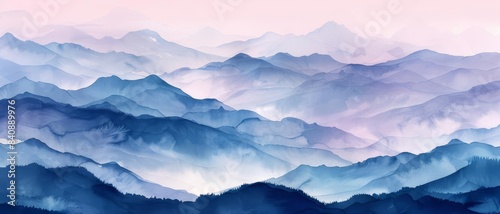 Watercolor mountain landscape wallpaper, soft blues and purples