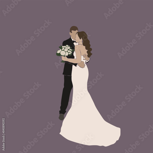 Lovely Wedding Couple Hugs And Dancing Bride With Bouquet Isolated Vector Design