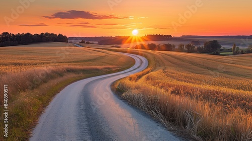 A tranquil countryside road winds through golden fields at sunset  symbolizing a serene journey of peace.