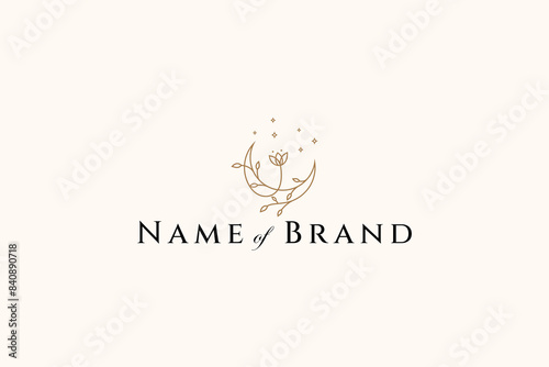 crescent moon logo decorated with floral plants in elegant line art design style