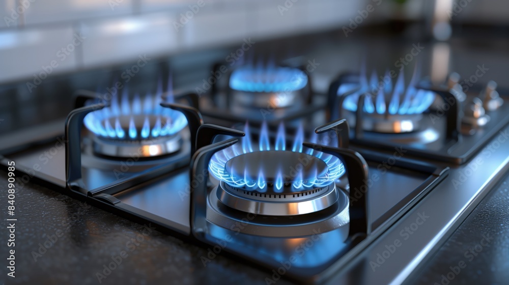 A compact gas stove with burners on a smooth metal surface A compact gas stove with burners on a smooth metal surface