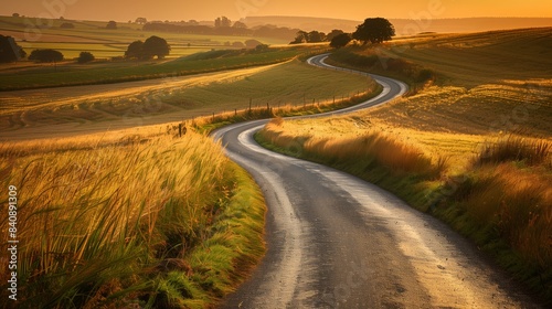 A peaceful country road winds through golden fields at sunset, symbolizing a serene journey of inner peace. © klss777