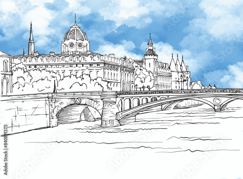 Nice view of ancient bridge in Paris. France. Hand drawn urban sketch. Black and white urban illustration. Blue sky background
