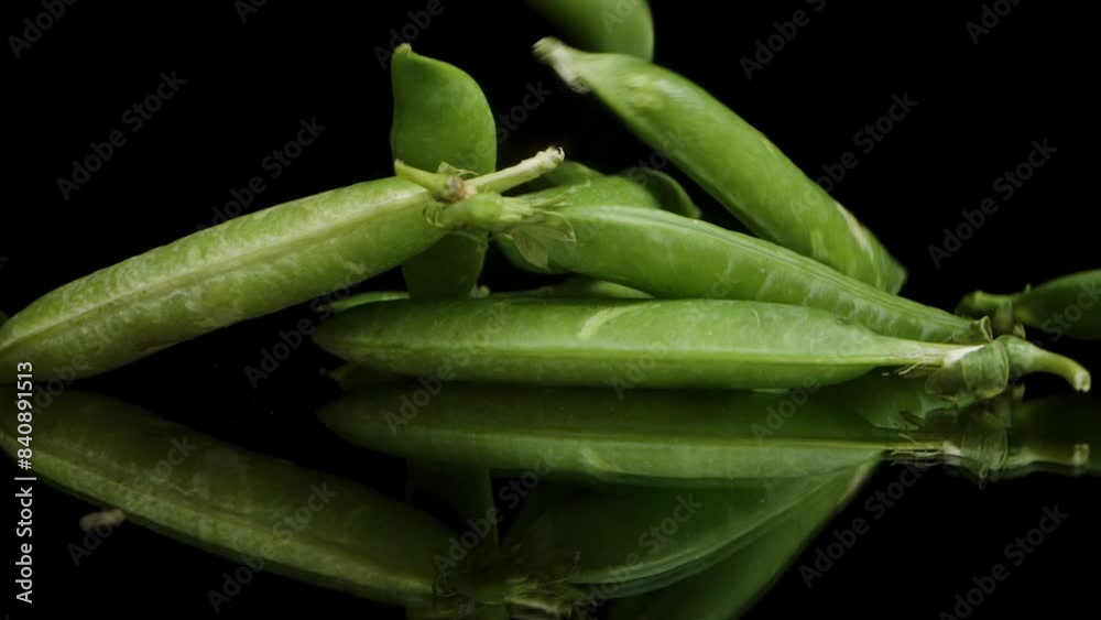 Fresh Green Peas, Pods falling from above on a black background, slow motion isolated.