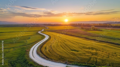 A country road winds through golden fields at sunset  symbolizing self-discovery and serenity.