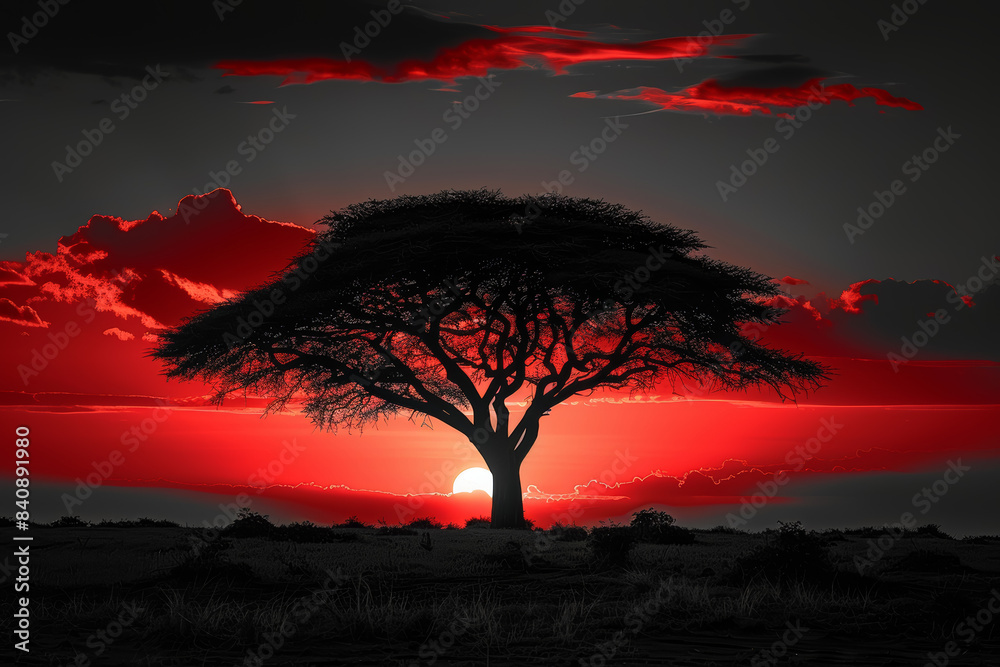 Black and white silhouette of a tree against a backdrop of a colorful sunset sky. Concept of nature's beauty and serenity. Generative Ai. Black and white silhouette of a tree against a backdrop of a colorful sunset sky. Concept of nature's beauty and serenity. Generative Ai.
