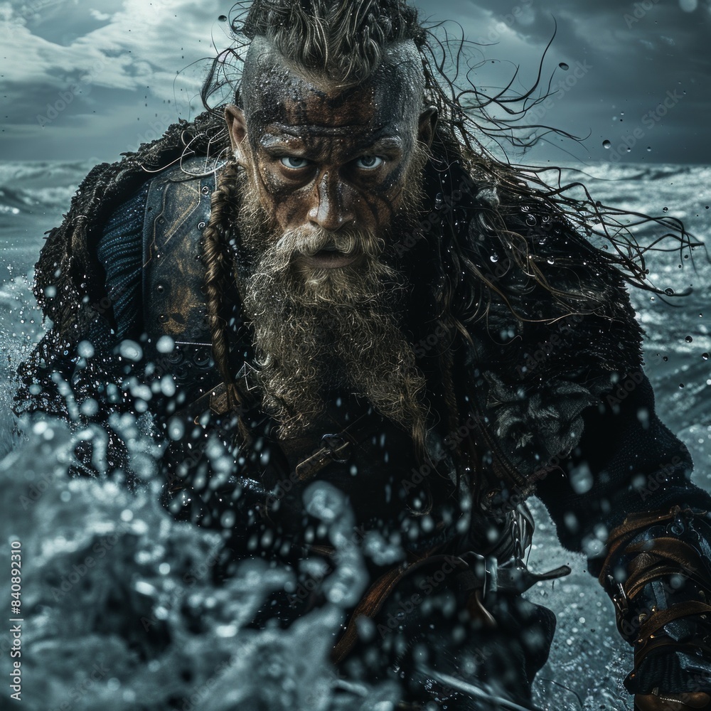 A man with long hair and a beard stands strong in the water, embracing the elements with a fierce determination as the Vikings attack. A man with long hair and a beard stands strong in the water, embracing the elements with a fierce determination as the Vikings attack.