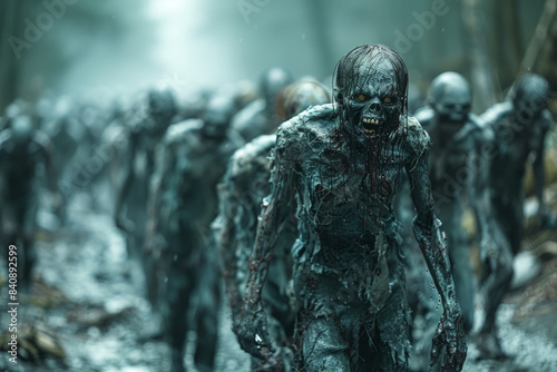 A swarm of zombies chasing a group of terrified humans. Concept of pursuit and panic. Generative Ai. © Sebastian