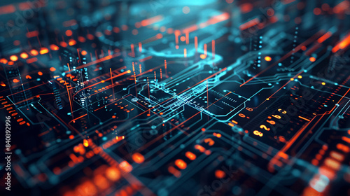 Futuristic electronic circuit board is transferring data with light trails