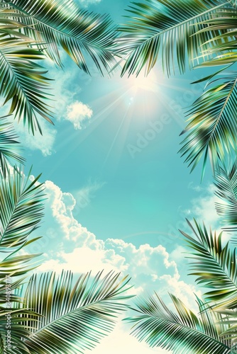 summer background with tropical palm leaves and branches