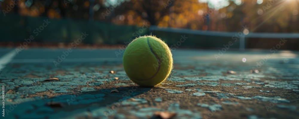 Close up view on tennis ball on tennis court, active lifestyle banner. Generative Ai.