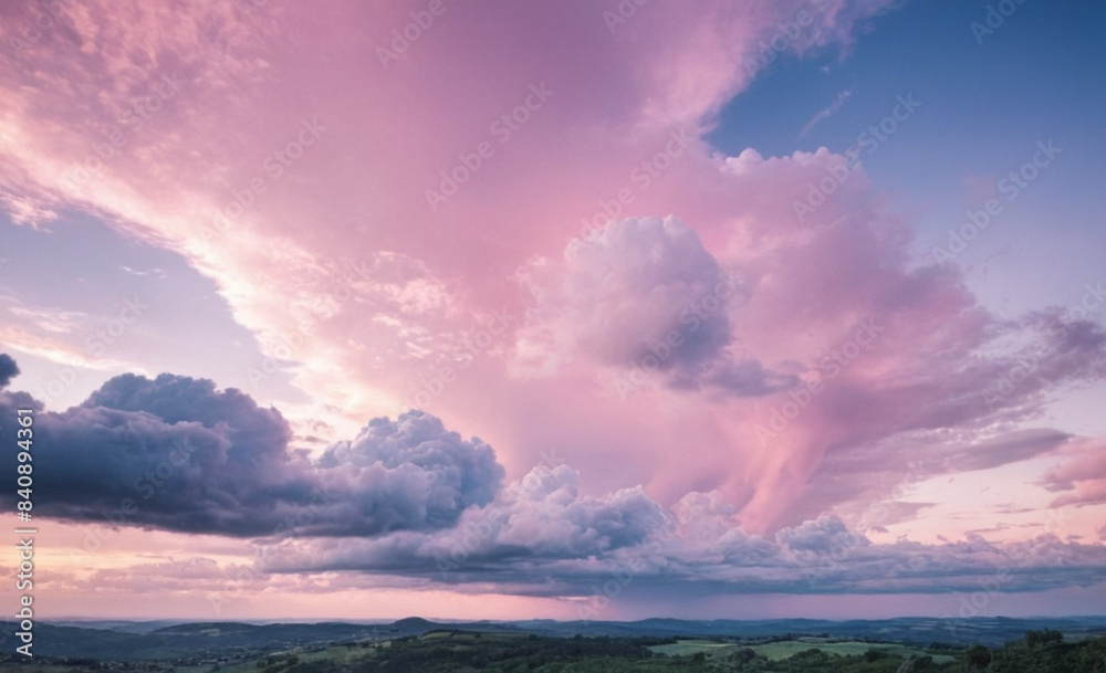 Beautiful Panoramic View of a Romantic Blue Sky with Soft Fluffy Pink Clouds: Dreamy Natural Background Beautiful Panoramic View of a Romantic Blue Sky with Soft Fluffy Pink Clouds: Dreamy Natural Background