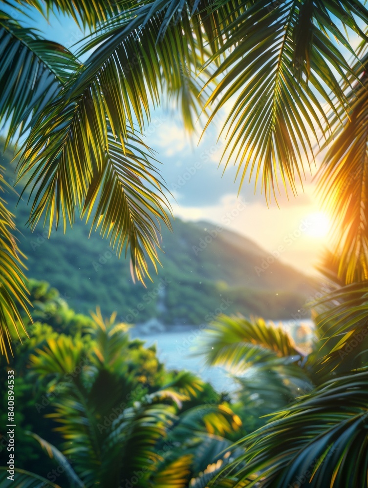 A vibrant tropical scene featuring palm leaves framing a distant view of lush green hills and the ocean under a bright sun, evoking a sense of paradise and relaxation