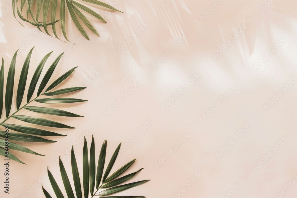 beige table stone marble and border palm leaves. summer background with tropical palm leaves and branches