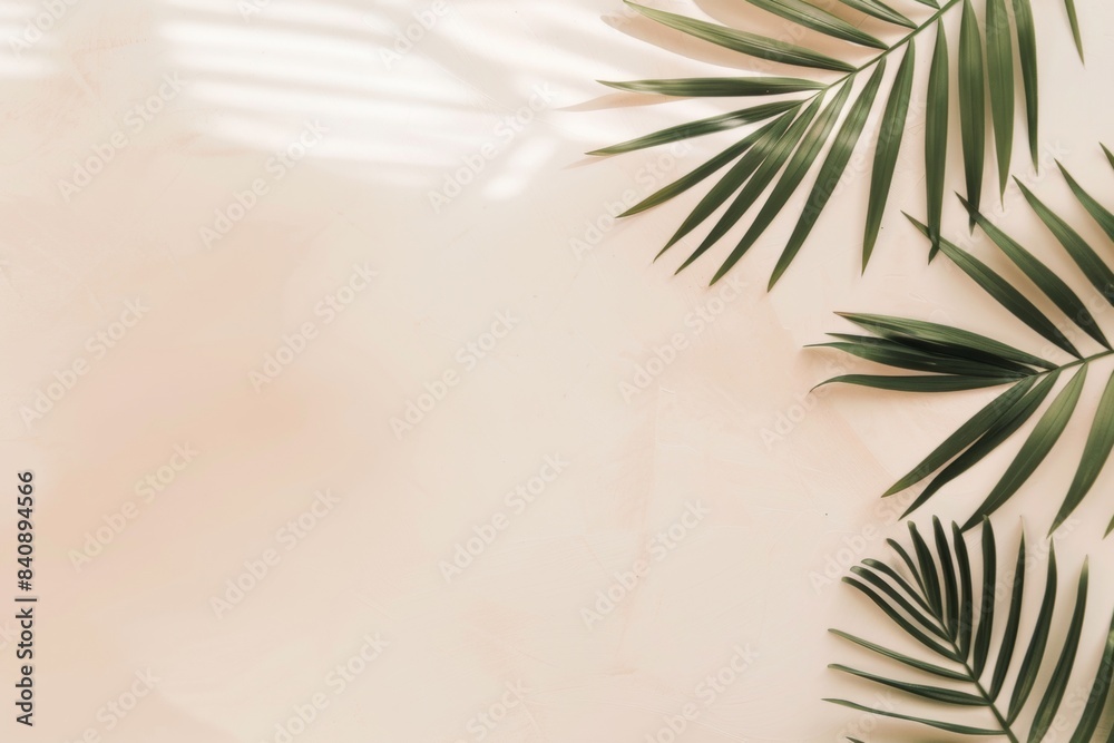 Fototapeta premium beige table stone marble and border palm leaves. summer background with tropical palm leaves and branches