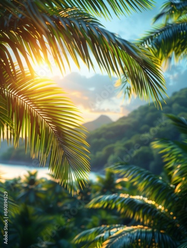 A vibrant tropical scene featuring palm leaves framing a distant view of lush green hills and the ocean under a bright sun  evoking a sense of paradise and relaxation