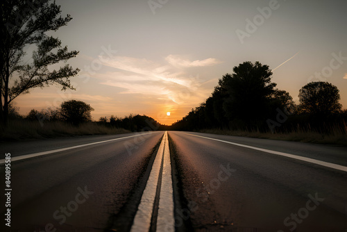 beautiful sun rising sky with asphalt highways road in rural sce © Matan