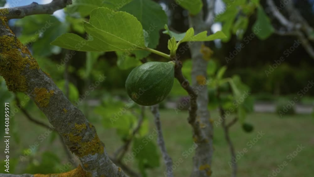 Close-up of a single unripe fig growing on a tree in a lush garden in puglia, italy, showcasing the green fruit surrounded by leaves and moss-covered branches. Close-up of a single unripe fig growing on a tree in a lush garden in puglia, italy, showcasing the green fruit surrounded by leaves and moss-covered branches.