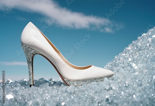 White High-Heeled Shoe on Sparkling Background. Relevant for fashion, luxury goods, or conceptual art themes. photo