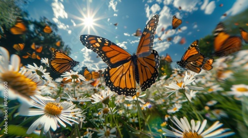 A swarm of monarch butterflies takes off from a sunlit field of daisies, captured with a dynamic, energetic burst of motion photo