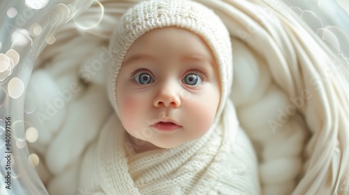 A baby with soulful eyes is bathed in soft lighting, nestled in a warm white blanket