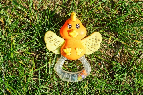 Wallpaper Mural one dirty plastic children's orange toy with yellow wings for playing a small funny duck toy lying on the green grass during the day outdoors Torontodigital.ca