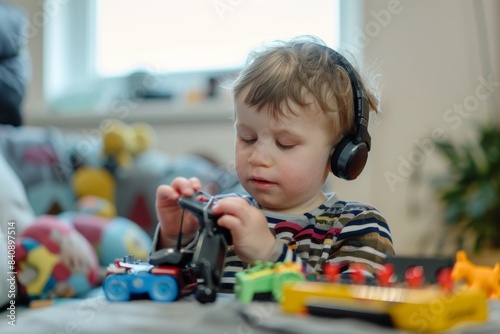 A Young Boys World of Imaginary Play With Headphones On