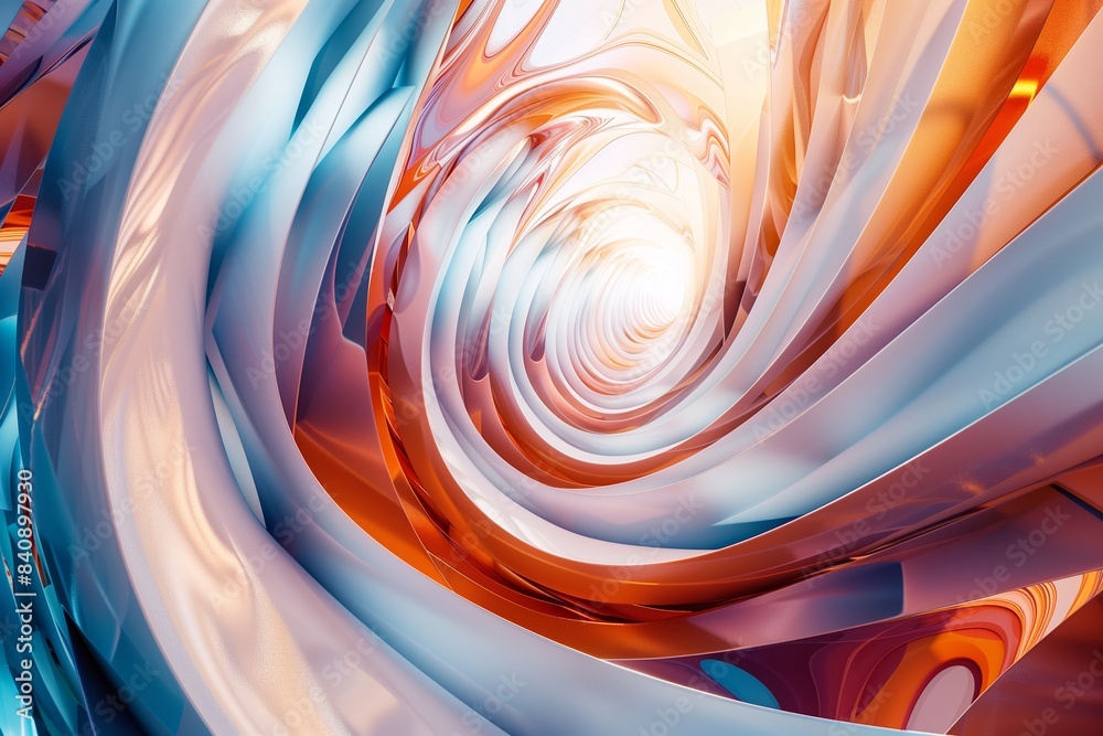 Vibrant swirling tunnel of intertwined glass-like forms with warm orange and cool blue tones in an abstract, dynamic composition Vibrant swirling tunnel of intertwined glass-like forms with warm orange and cool blue tones in an abstract, dynamic composition