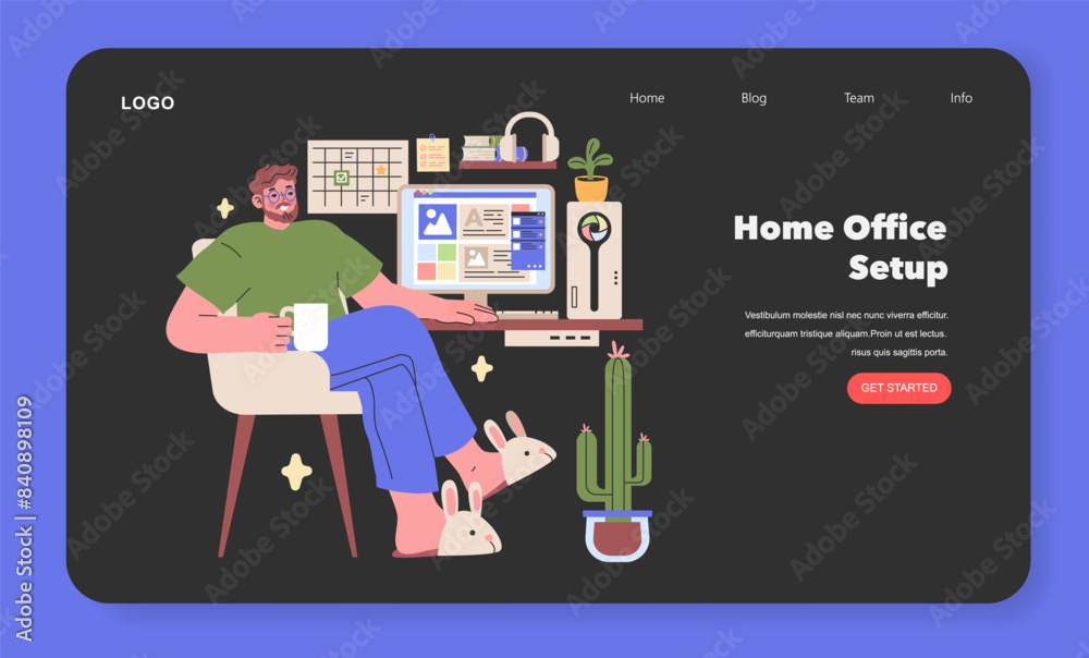 Home Office Setup illustration A tranquil work environment at home featuring a well-organized desk, personal touches, and a hint of greenery Vector illustration Home Office Setup illustration A tranquil work environment at home featuring a well-organized desk, personal touches, and a hint of greenery Vector illustration