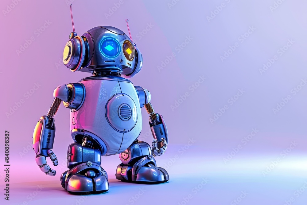 Adorable robot with music headphones on pastel background ideal for text placement Adorable robot with music headphones on pastel background ideal for text placement