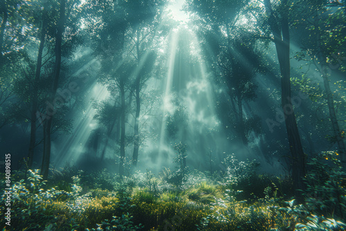A misty morning in a pine forest with rays of light breaking through. Concept of mystery and nature. Generative Ai.