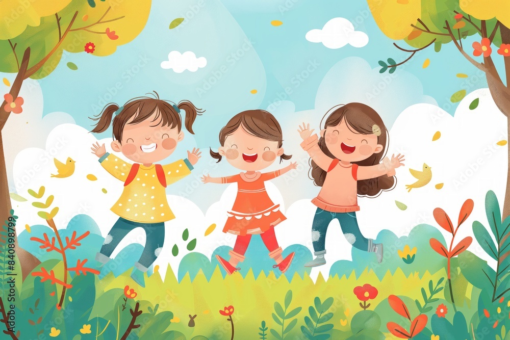 Three cartoon girls jumping and playing in vibrant outdoor scene showing happiness and carefree fun Three cartoon girls jumping and playing in vibrant outdoor scene showing happiness and carefree fun