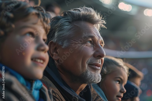 An older sports fan with distinct silver hair and face obscured is photographed in a stadium setting photo