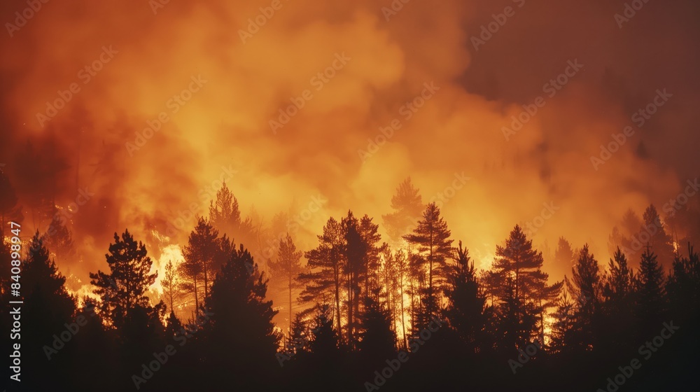 Trees ablaze in a forest fire silhouette dramatically against a smoky, ominous sky.
