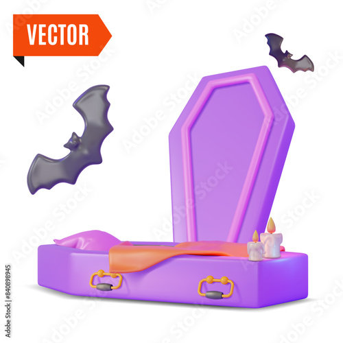 3d Dracula Bed Halloween Concept Cartoon Design Style Isolated on a White Background. Vector illustration of Coffin for Dead
