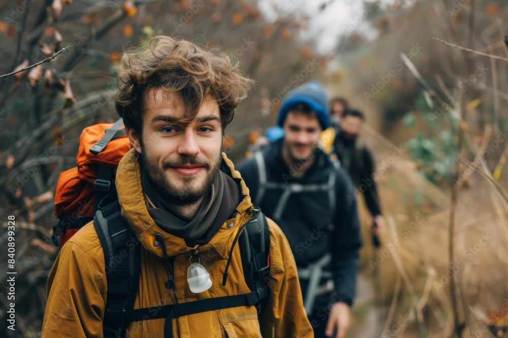 Fototapeta premium Adventurous Hike Through Autumnal Woods, A Young Man Smiles at the Camera