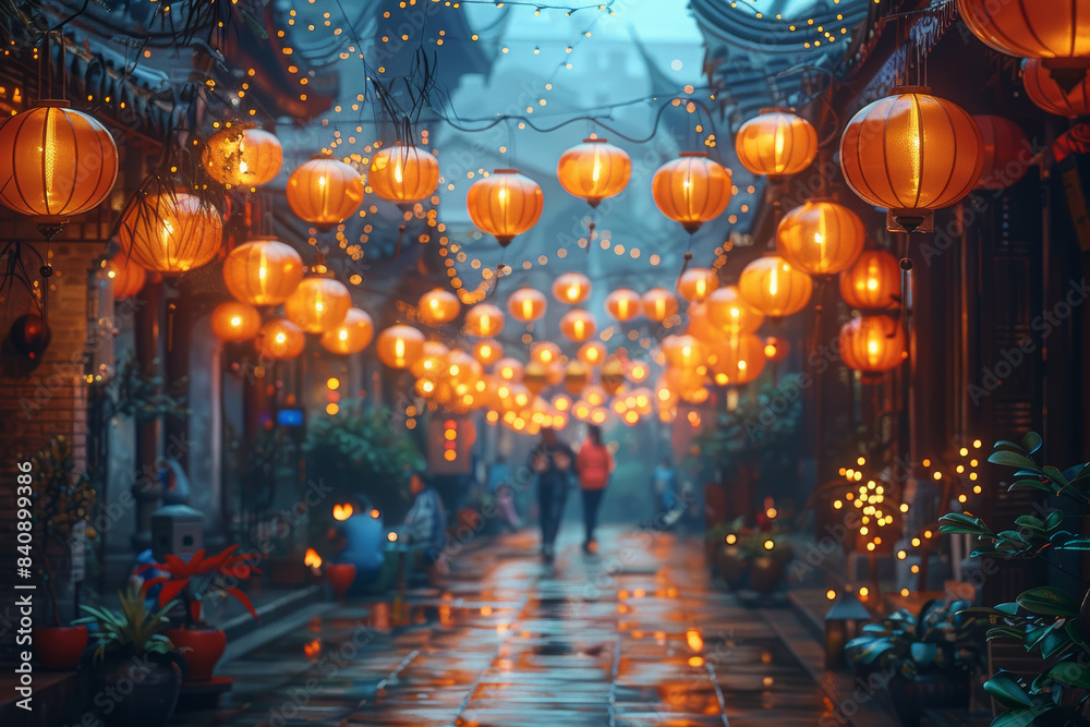 A vibrant street festival with lanterns and crowds of people celebrating. Concept of culture and festivity. Generative Ai. A vibrant street festival with lanterns and crowds of people celebrating. Concept of culture and festivity. Generative Ai.