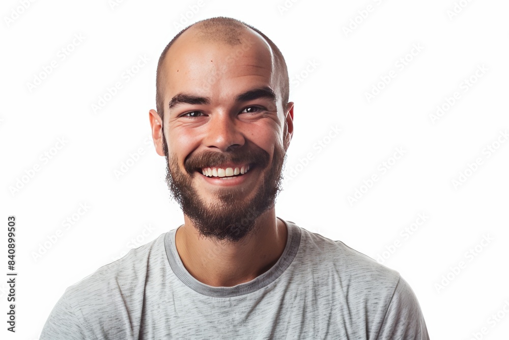 Fototapeta premium Smiling bearded man presenting a friendly and welcoming expression against a white background