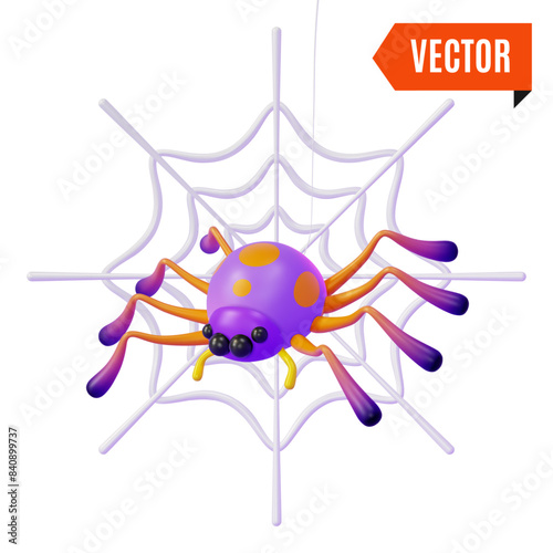 3d Spider and Cobweb Halloween Concept Cartoon Design Style Isolated on a White Background. Vector illustration